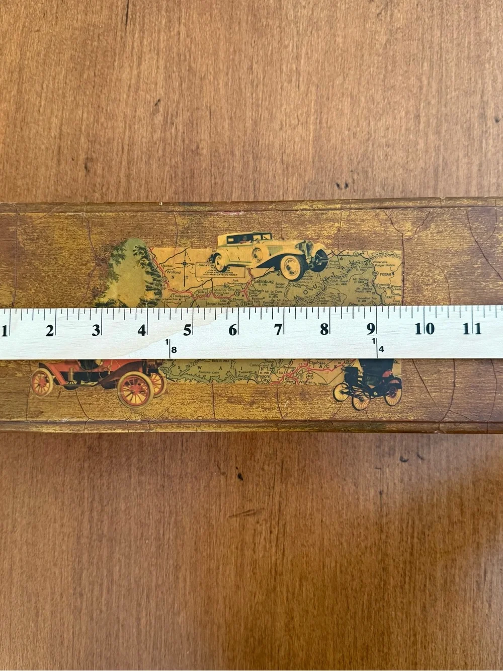 Vintage 1950s Decoupage Decorative Wooden Box with Car and Map motif